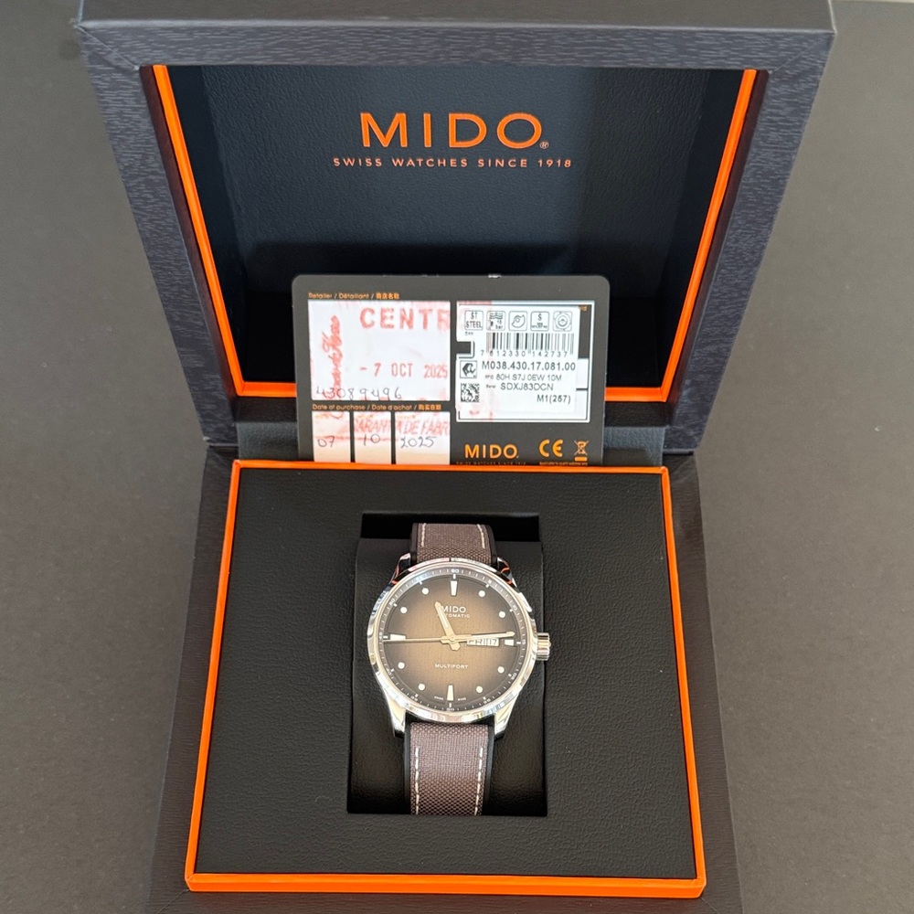 Mido Silver Case, Grey/Black Sailcloth&Rubber Strap.Worn twice.2 yr Mido wrnty.